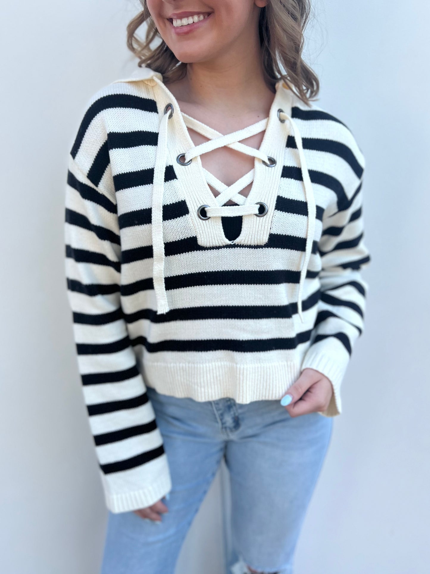 Black Stripe Lace Up Top