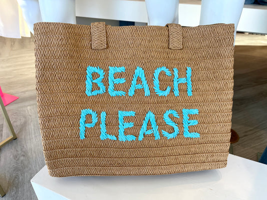 "Beach Please" Blue Stitch Straw Bag