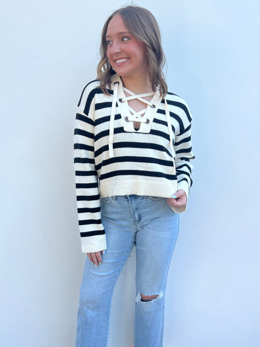 Black Stripe Lace Up Top