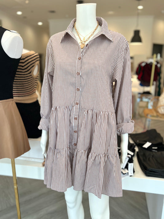 Brown Striped Button Down Dress