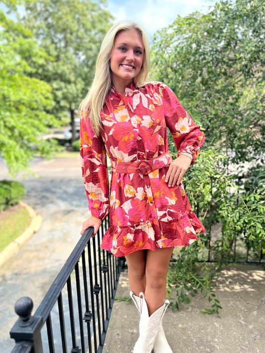 Burgundy Button Front Sleeve Dress