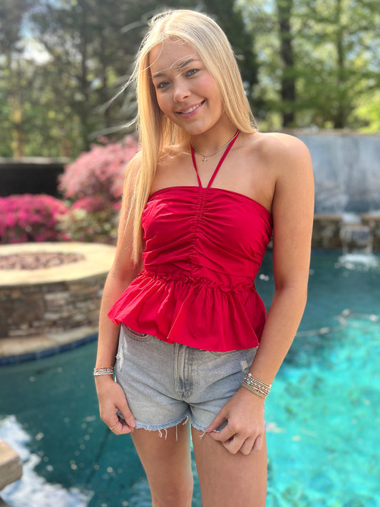 Red Ruched Halter Top