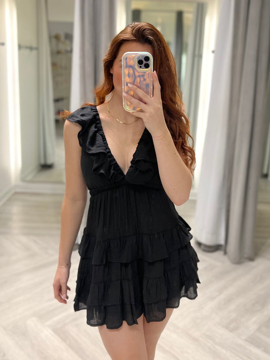 Carmen Black Polyester Mini Ruffle Dress