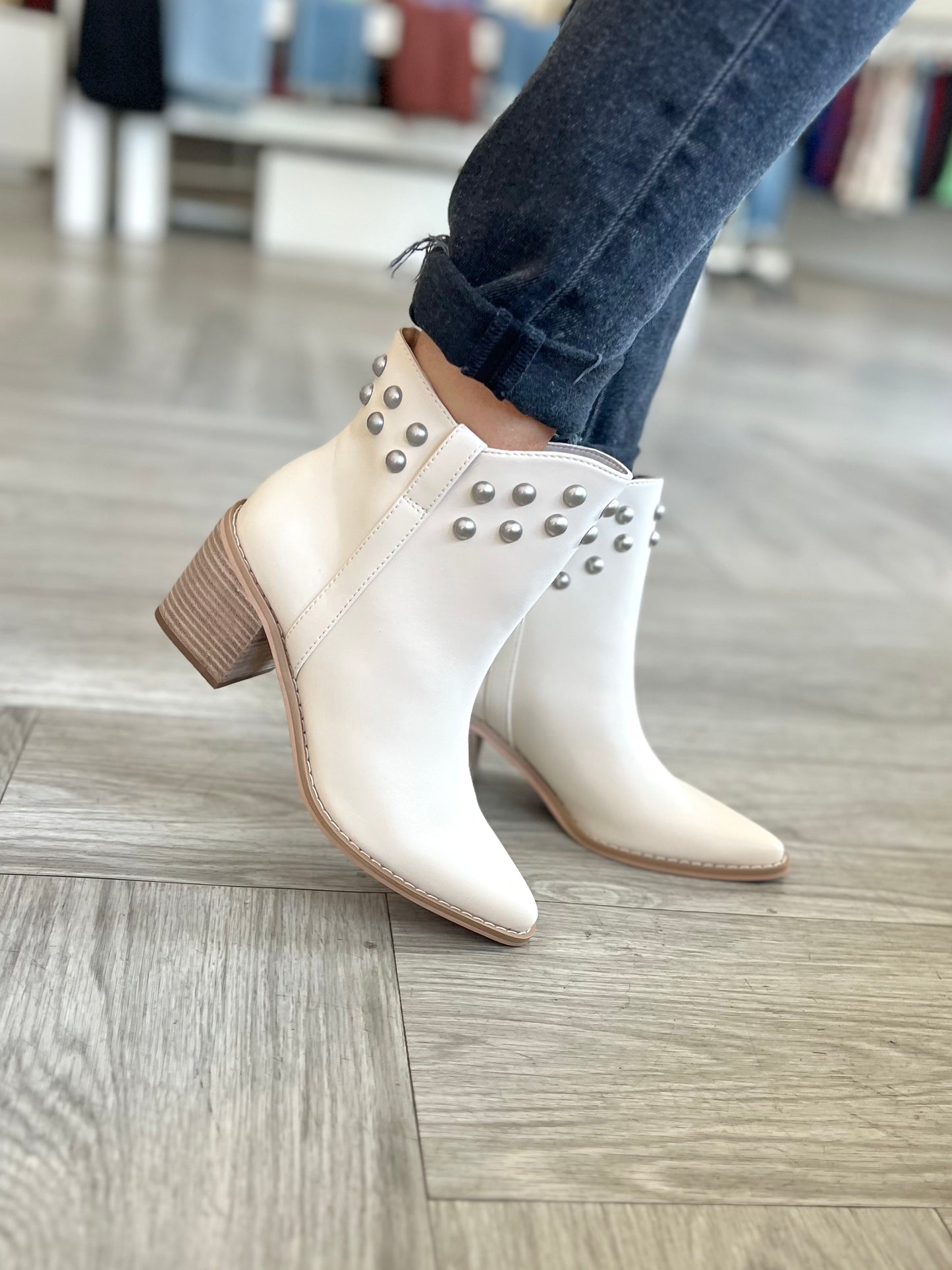 Beige Studded Heeled Collar Booties