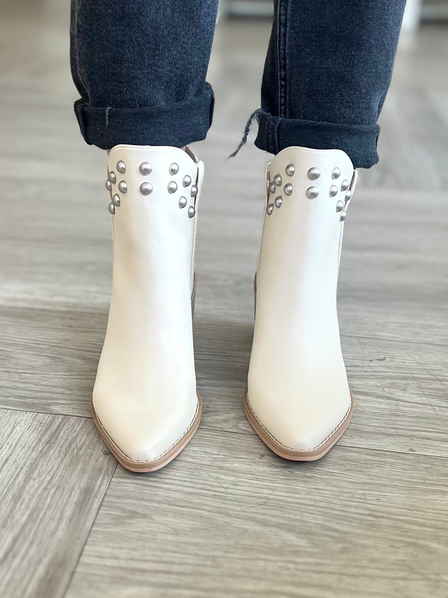 Beige Studded Heeled Collar Booties