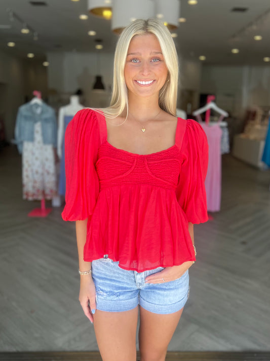 Red Smocked Puff Sleeve Blouse
