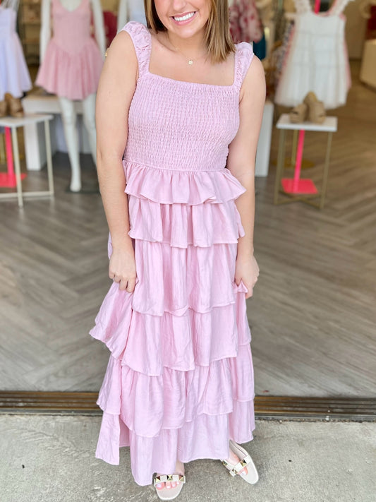 Pink Tiered Ruffle Midi Dress