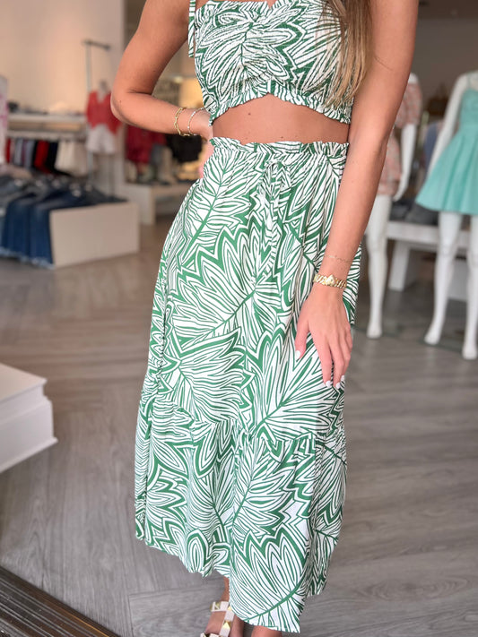 Green Leaf Print Midi Skirt