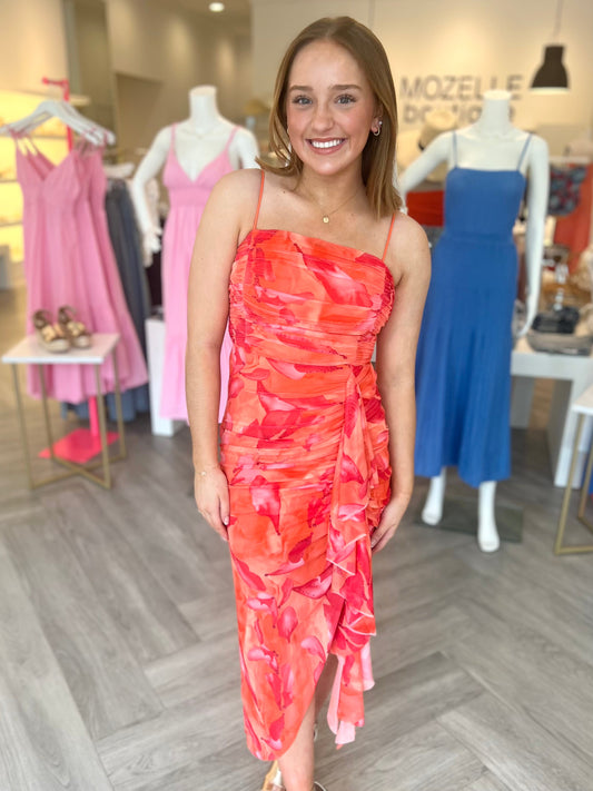 Riley Ruffle Ruching Orange Dress