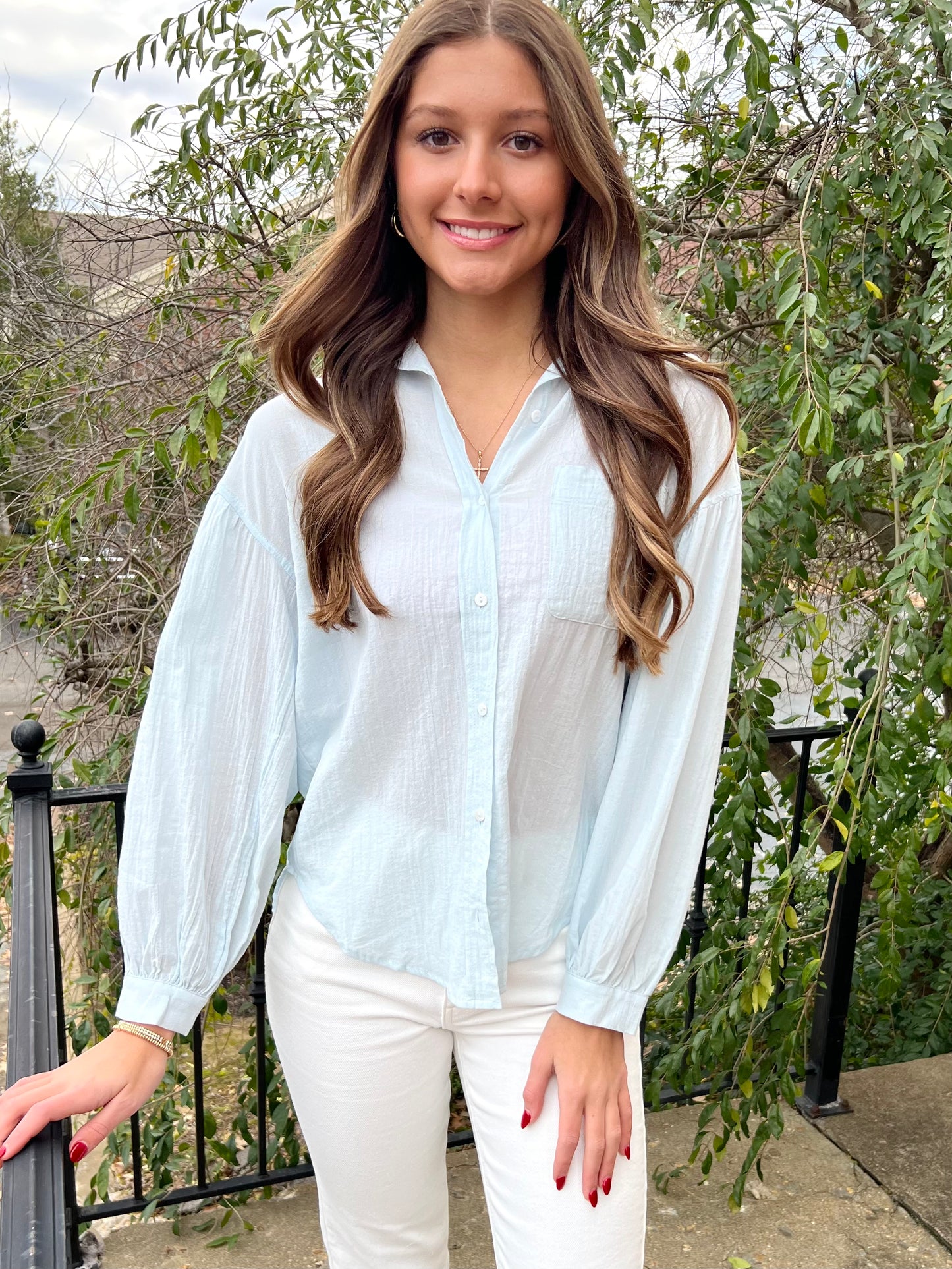 Washed Blue Button Down Top