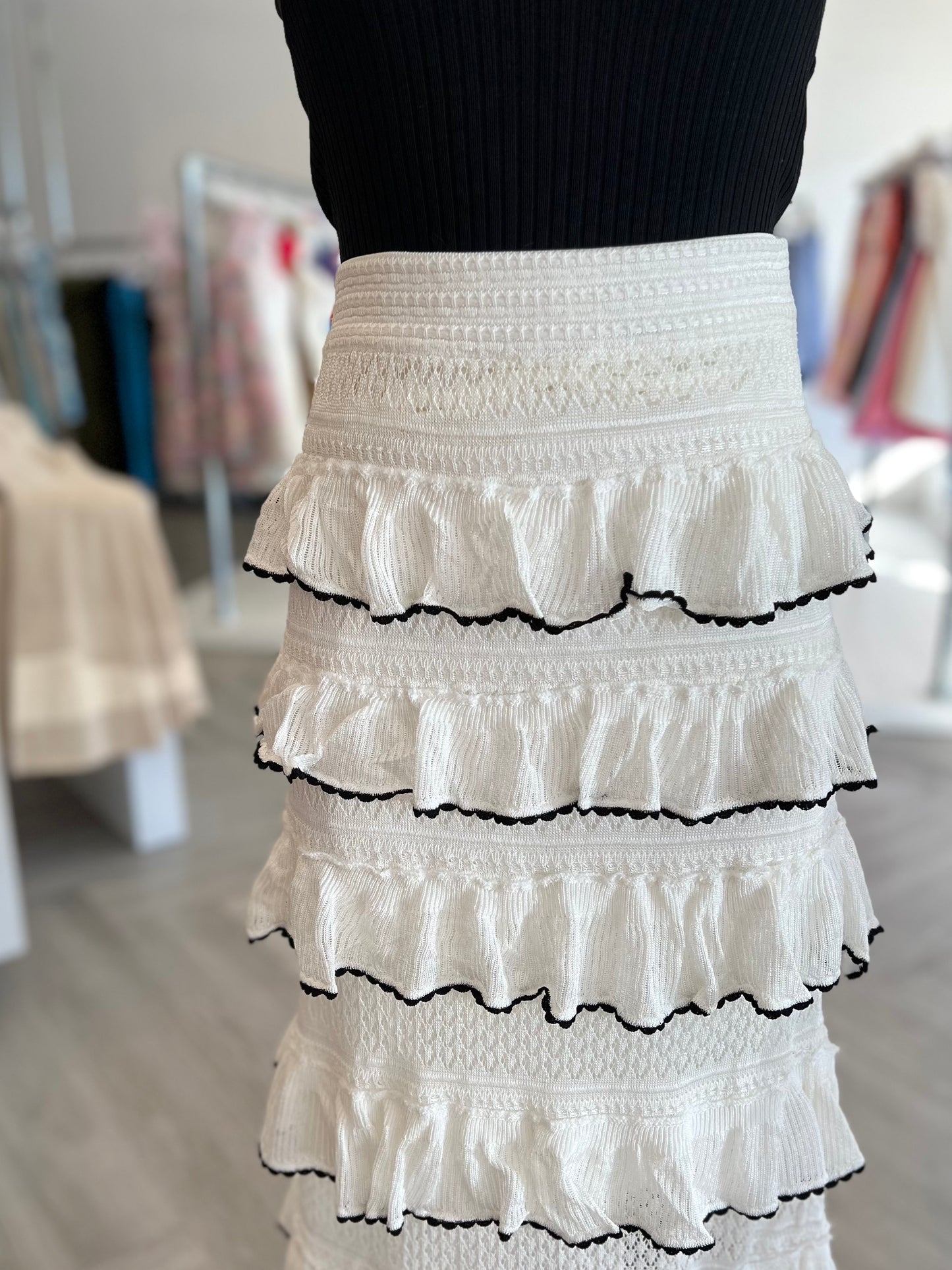Tiered Ruffle Knit Skirt in Cream