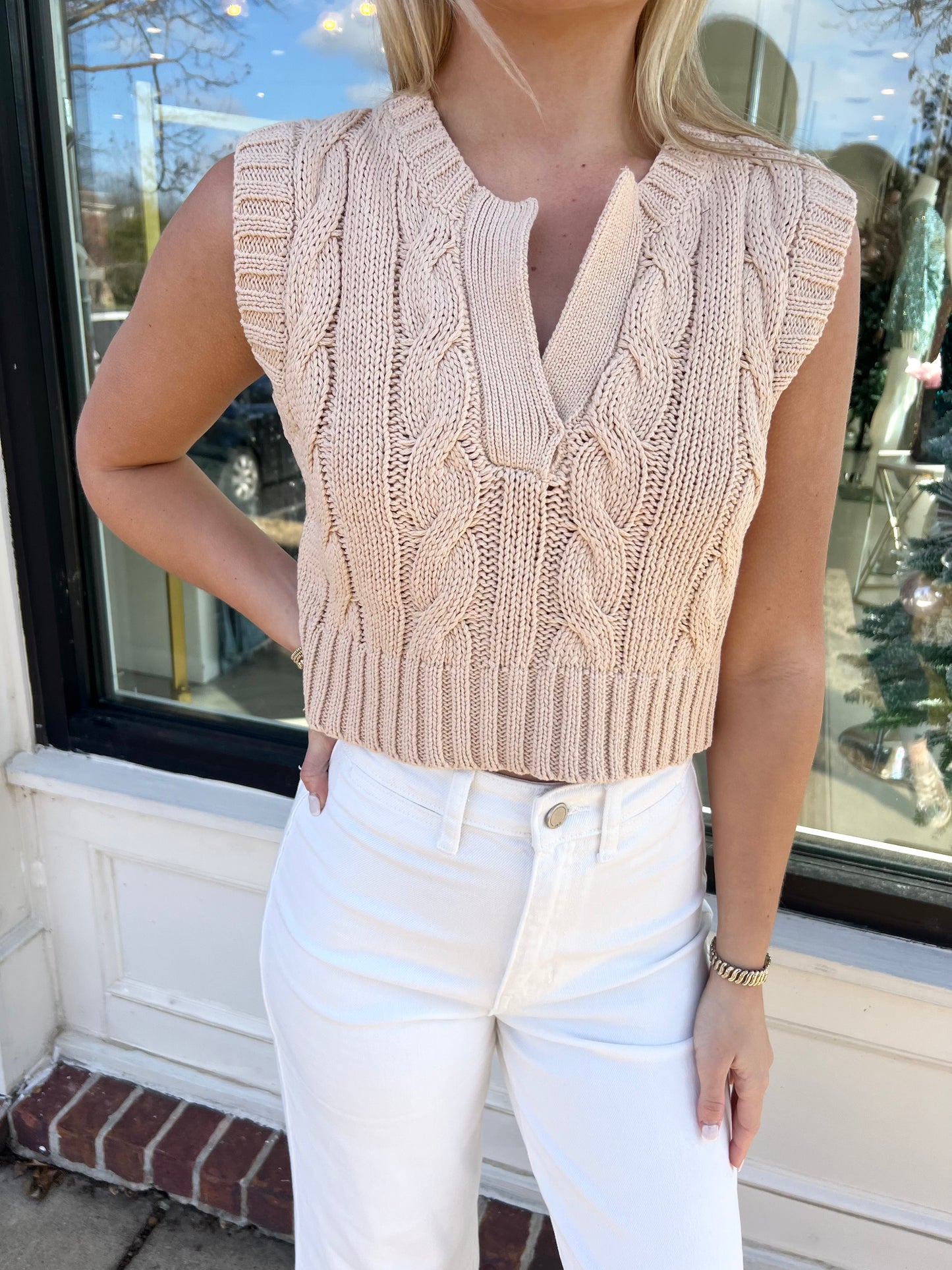 Cable Knit Sweater Vest in Bone
