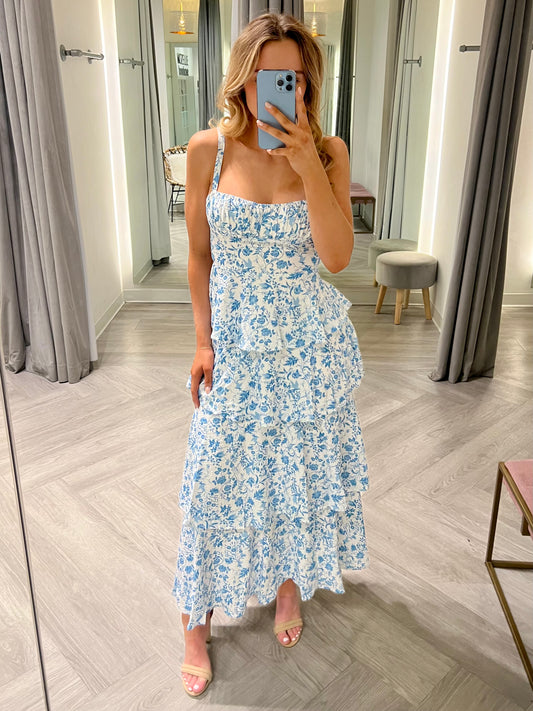 Blue Floral Tiered Maxi