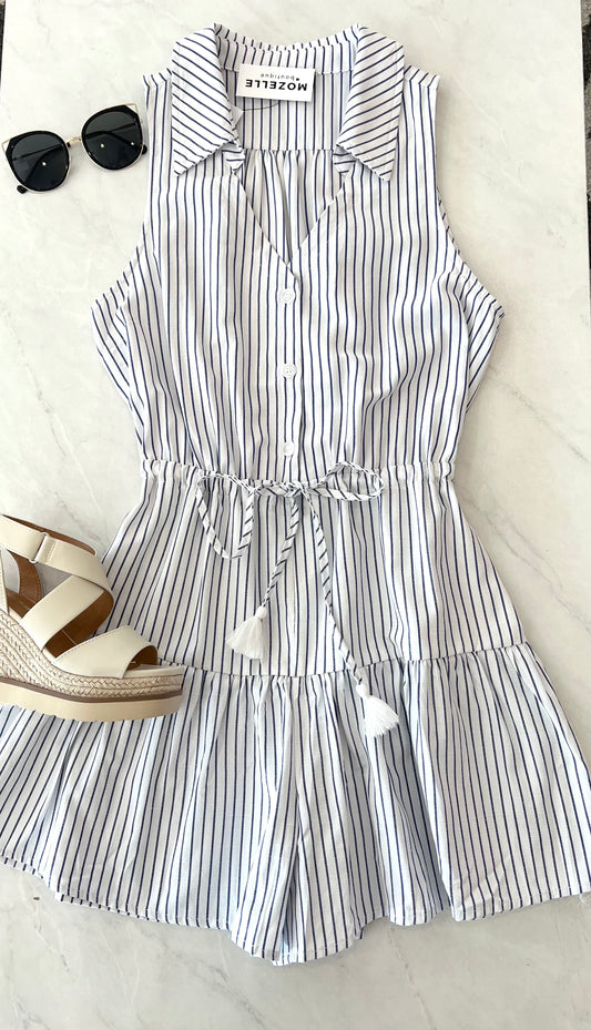 Front Tie Wasted Romper in White/Navy