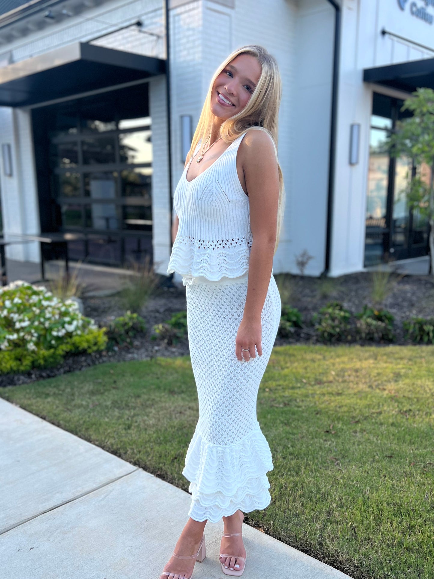 White Crochet Ruffled Midi Skirt