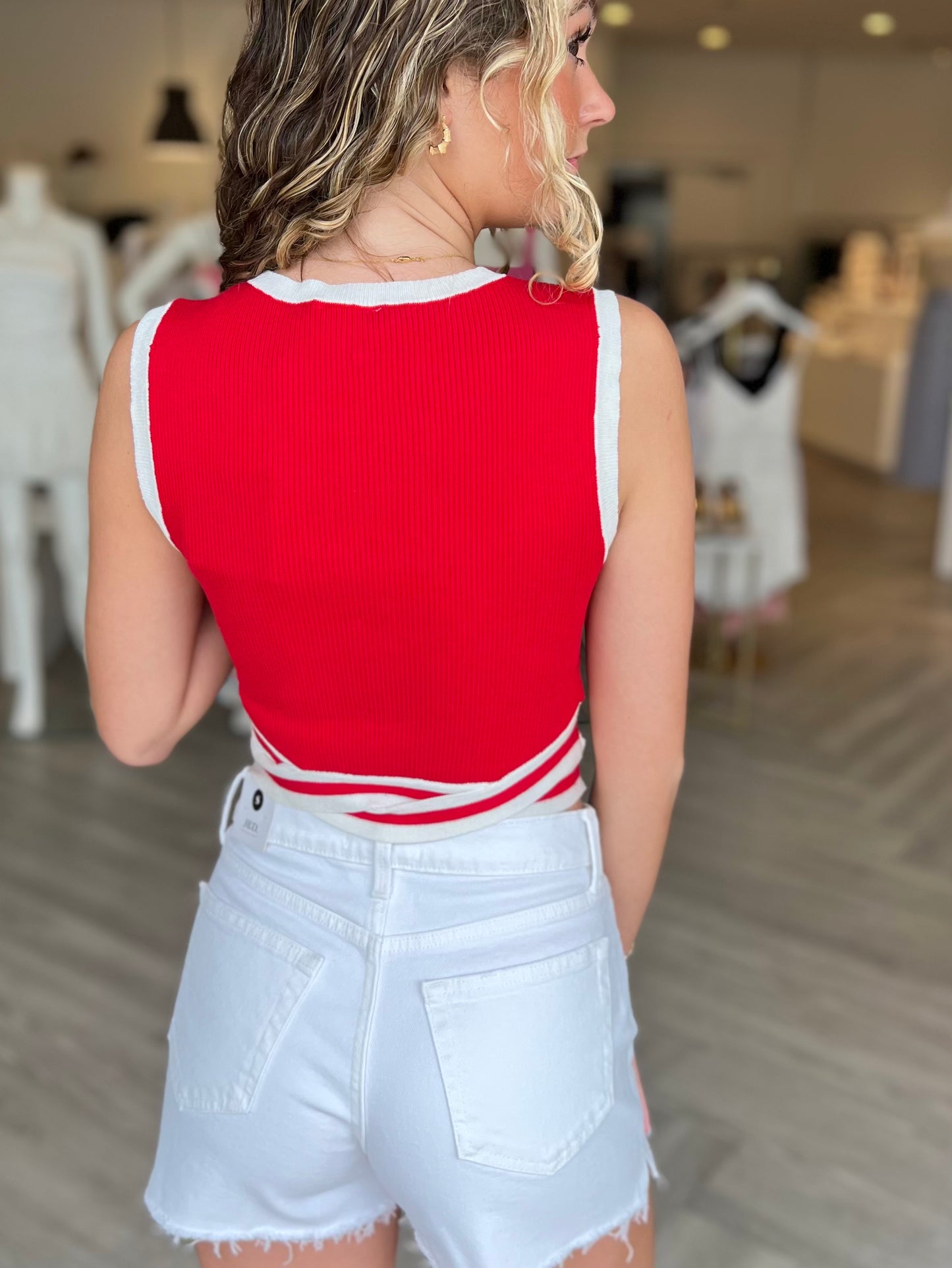 Red Contrast Band Knit Top