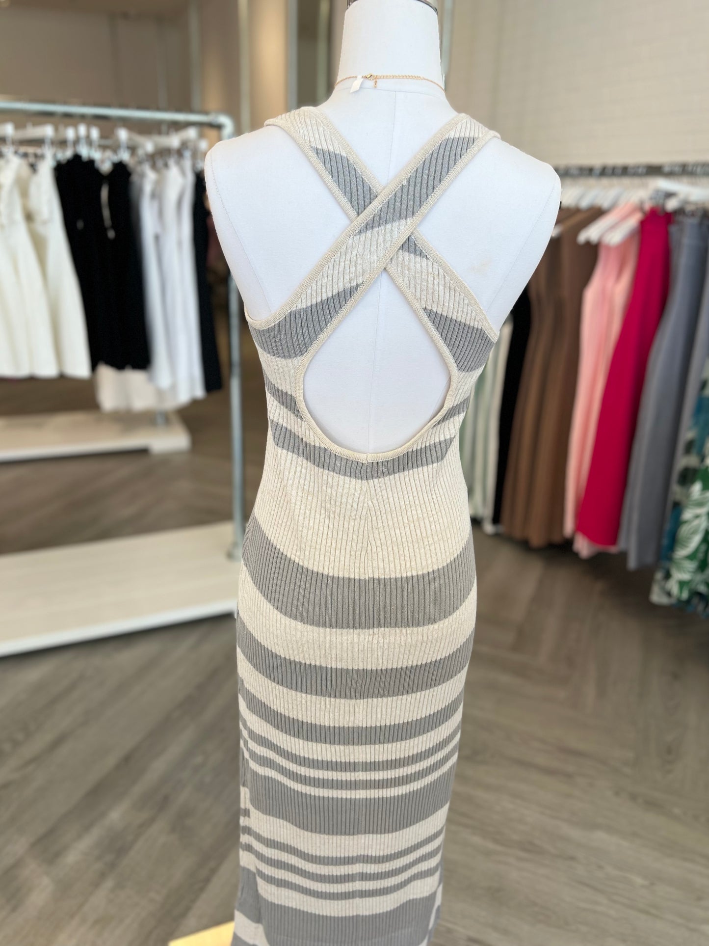 Grey Stripe Back Detail Dress
