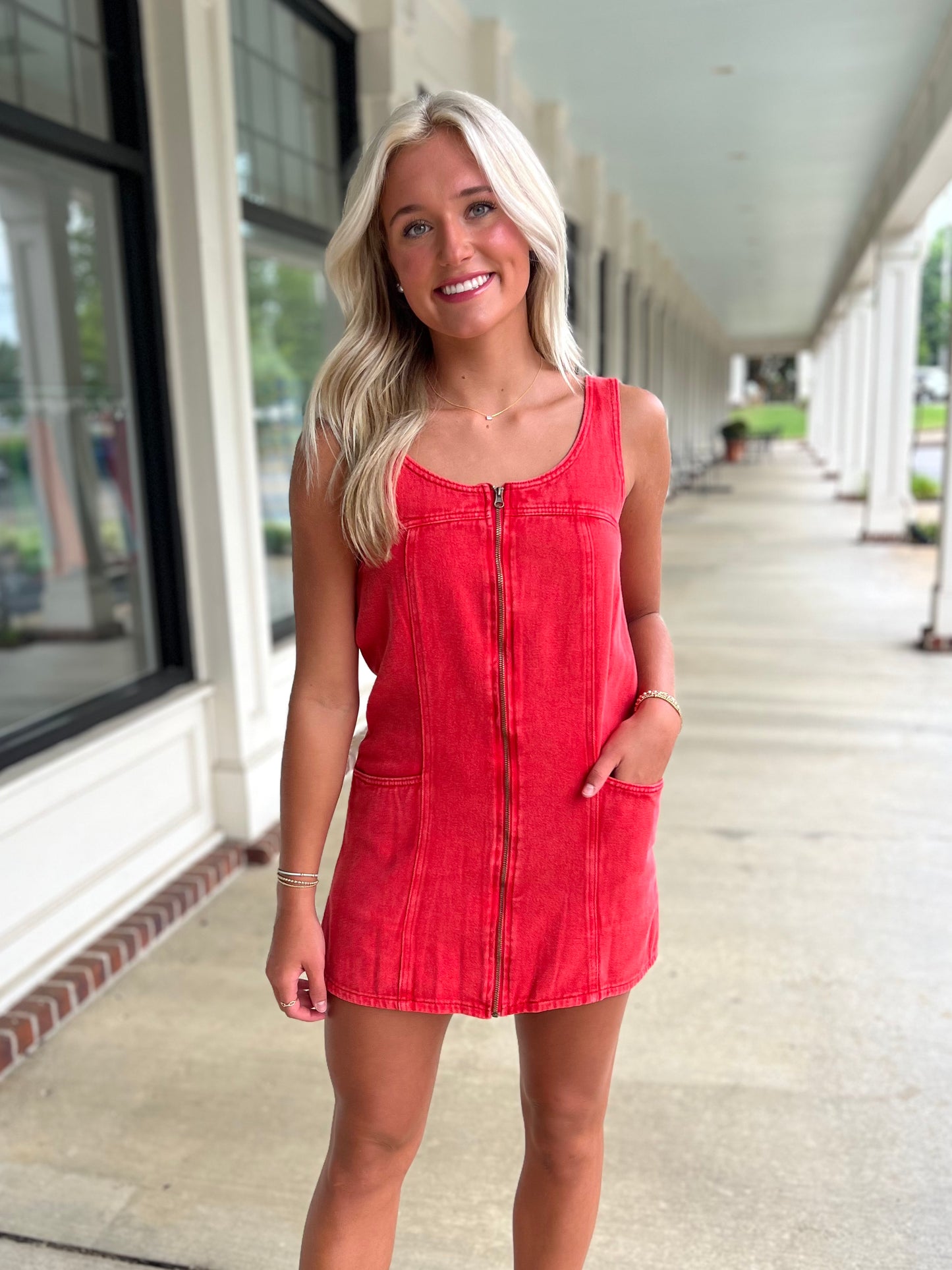 Washed Red Front Zip Denim Dress