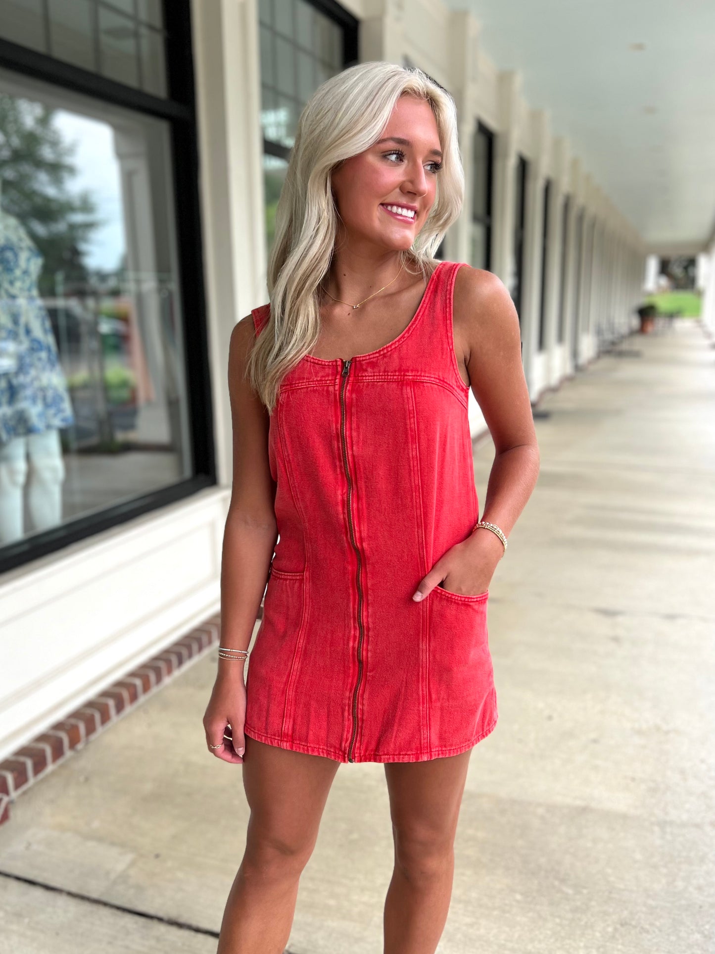 Washed Red Front Zip Denim Dress