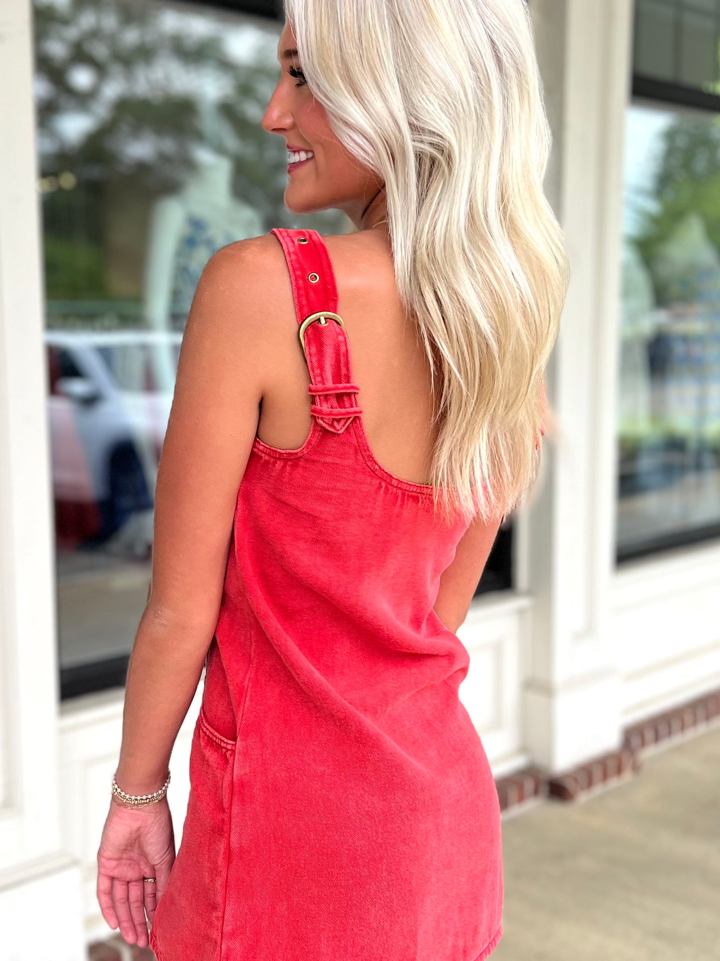 Washed Red Front Zip Denim Dress