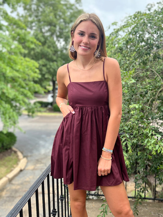 Maroon Sleeveless Poplin Mini Dress