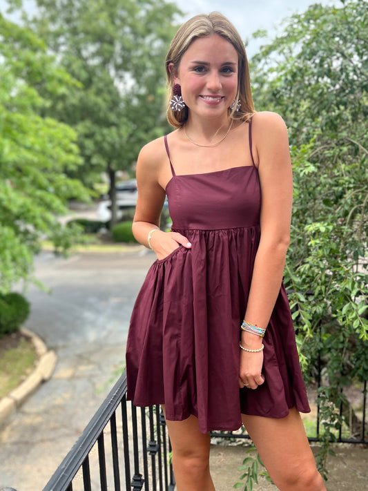 Maroon Sleeveless Poplin Mini Dress