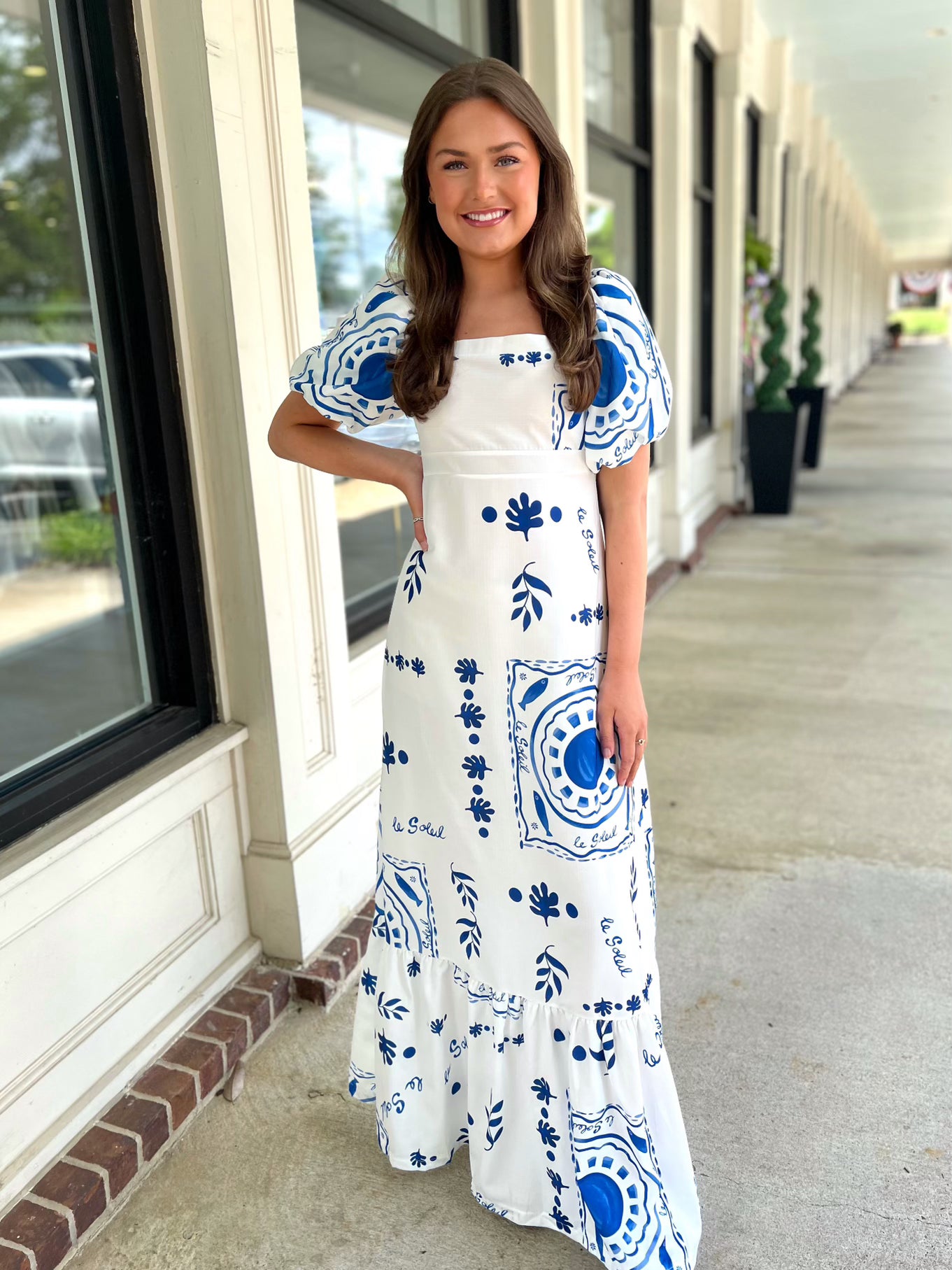 White/Blue Square Neck Maxi