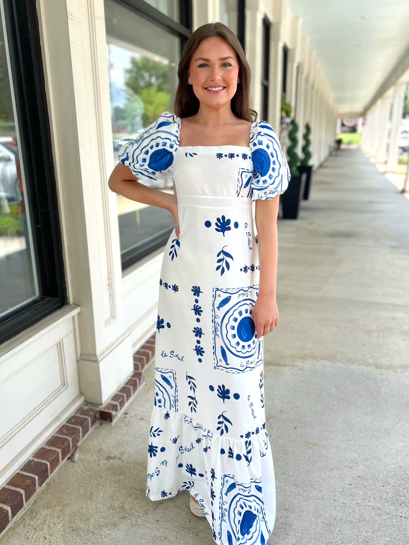 White/Blue Square Neck Maxi