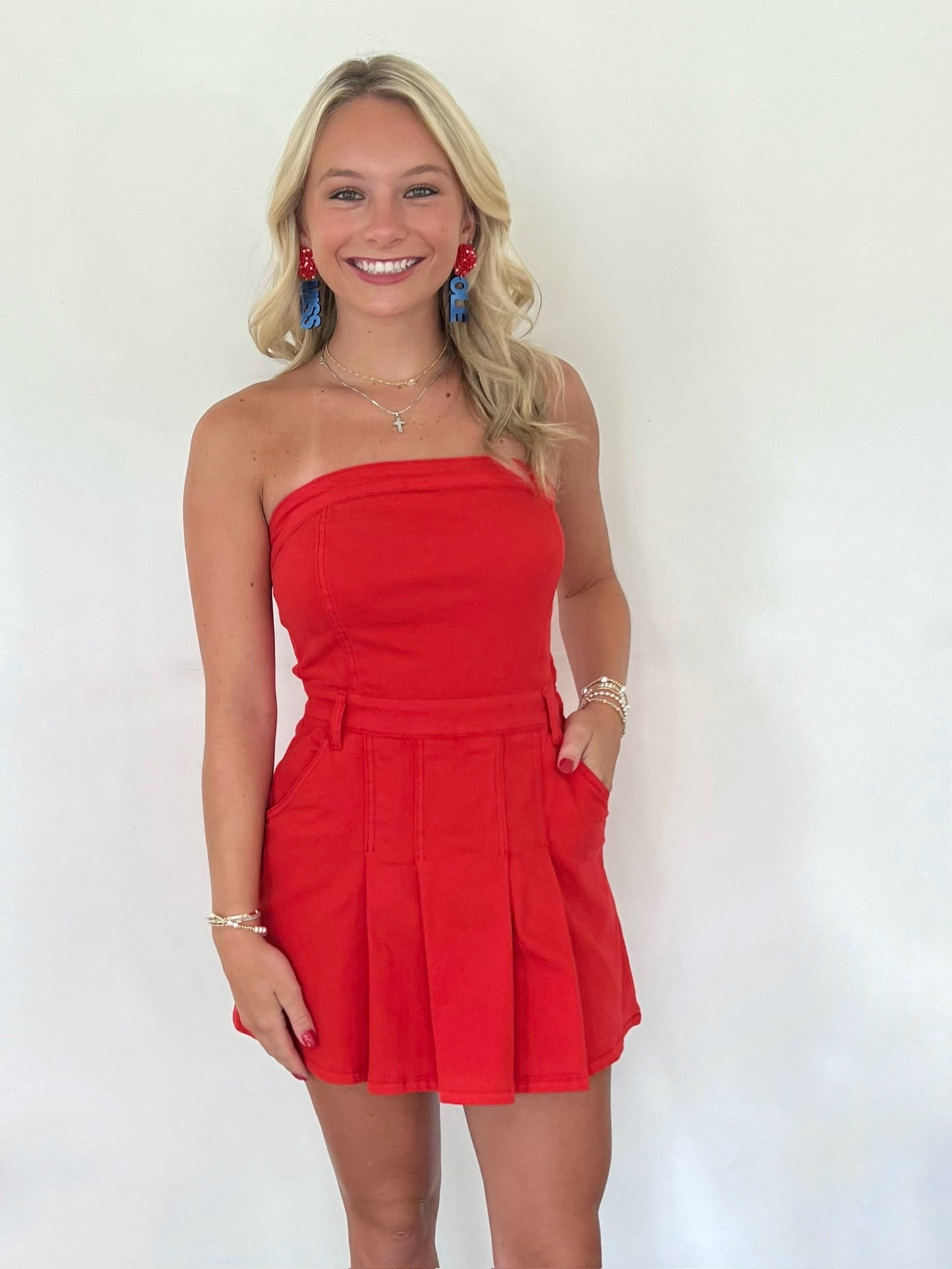 Red Strapless Denim Mini