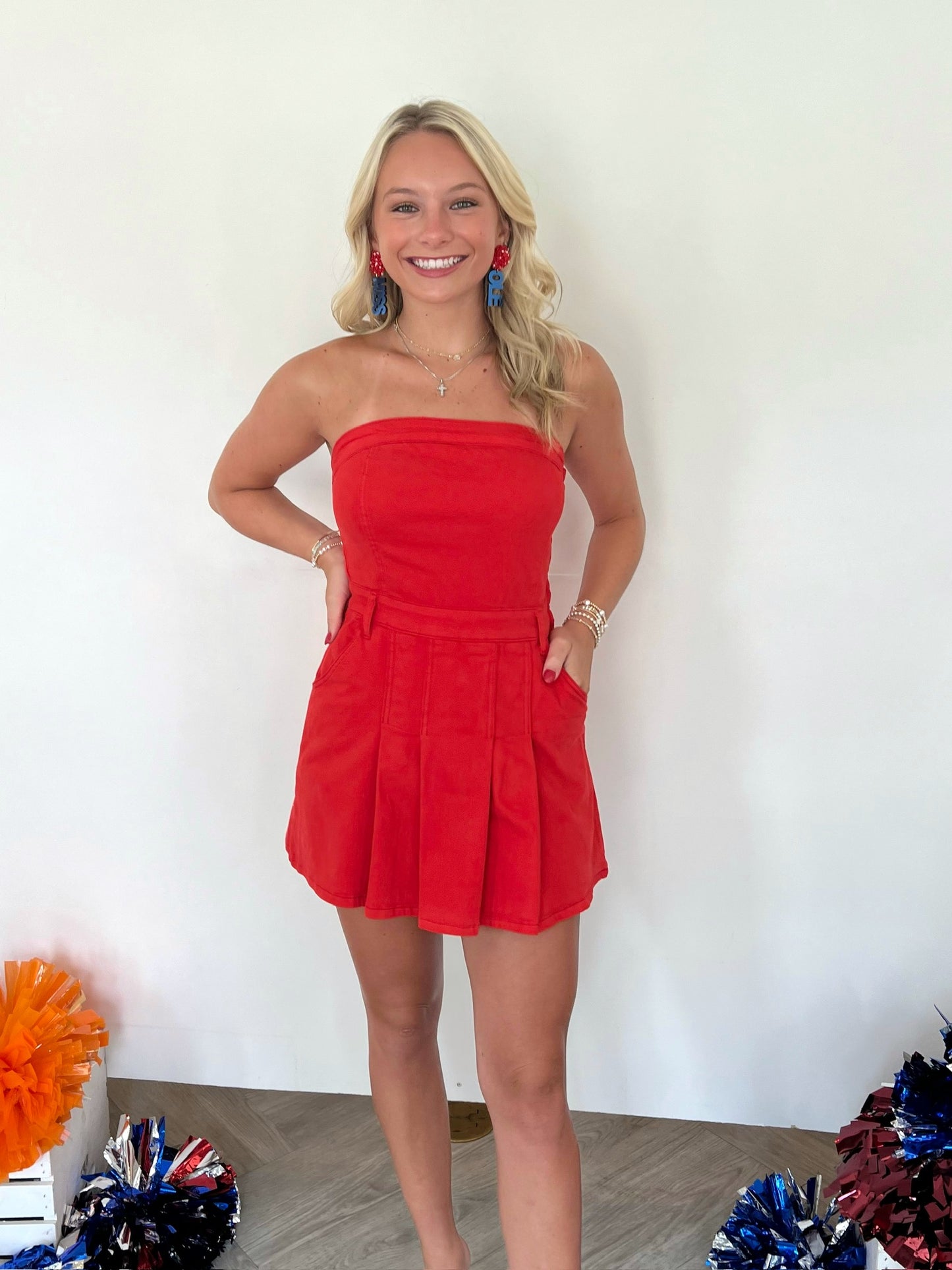 Red Strapless Denim Mini