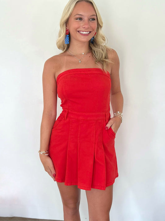 Red Strapless Denim Mini