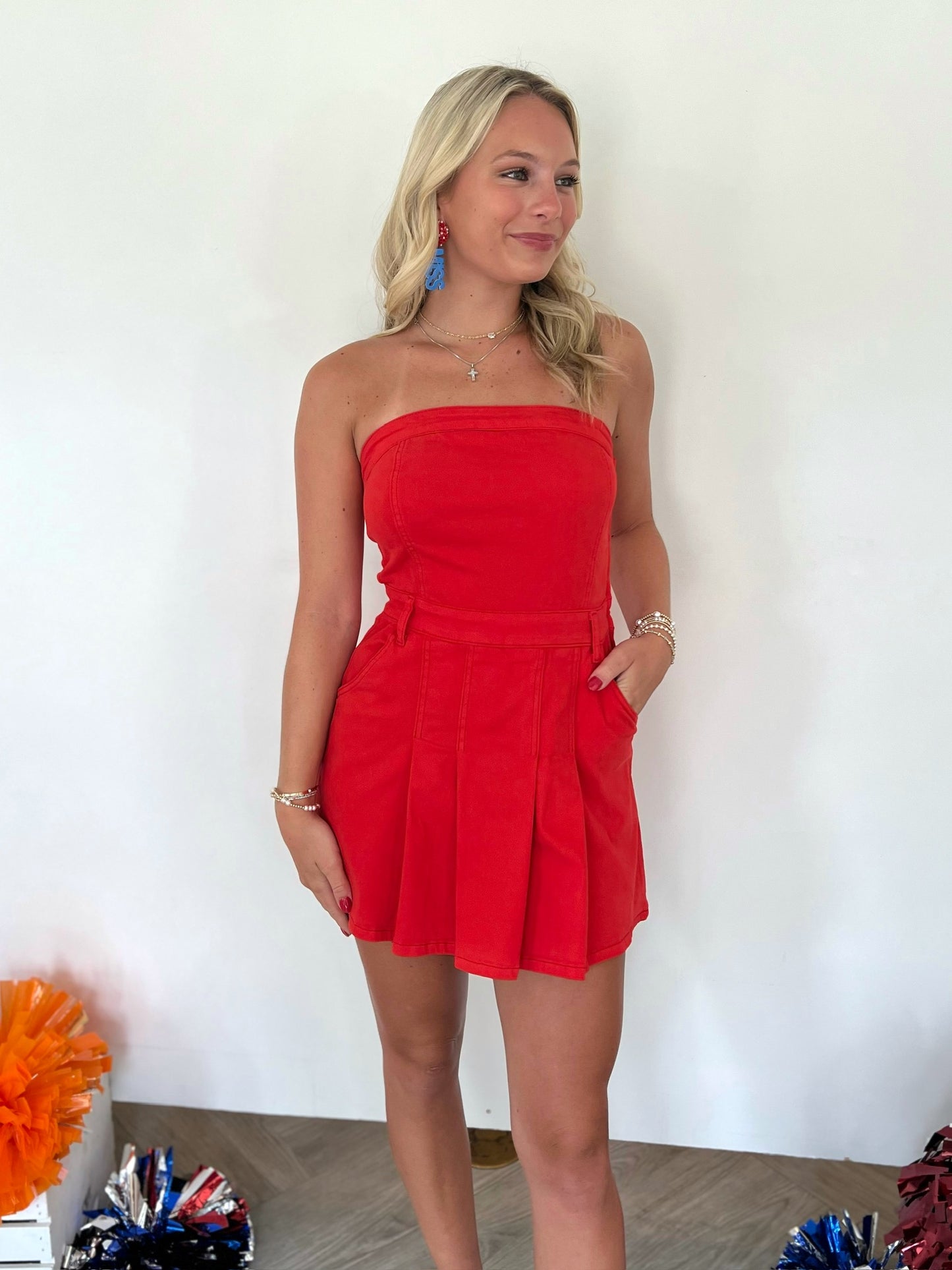 Red Strapless Denim Mini