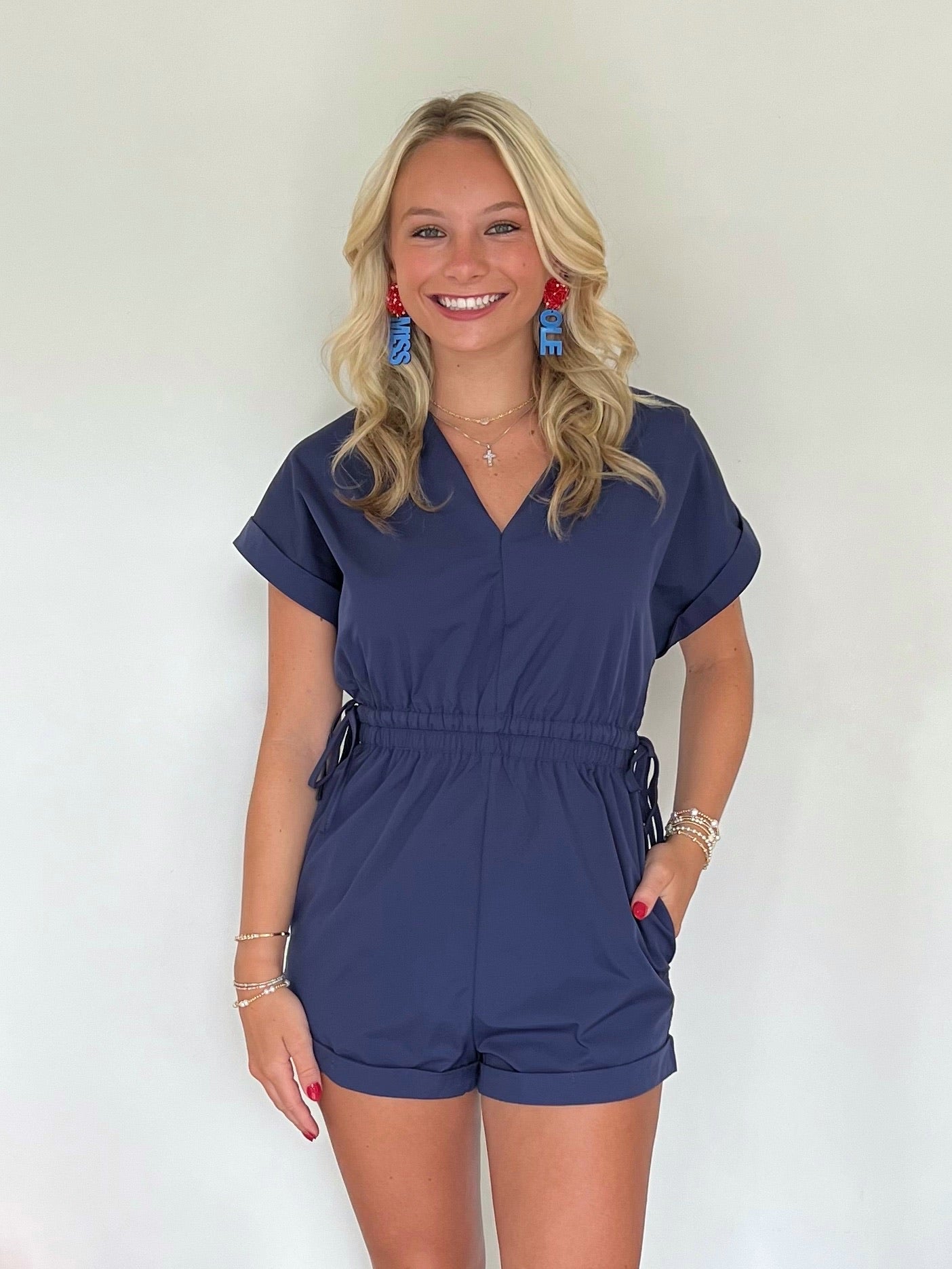 Navy V-Neck Tie Short Romper