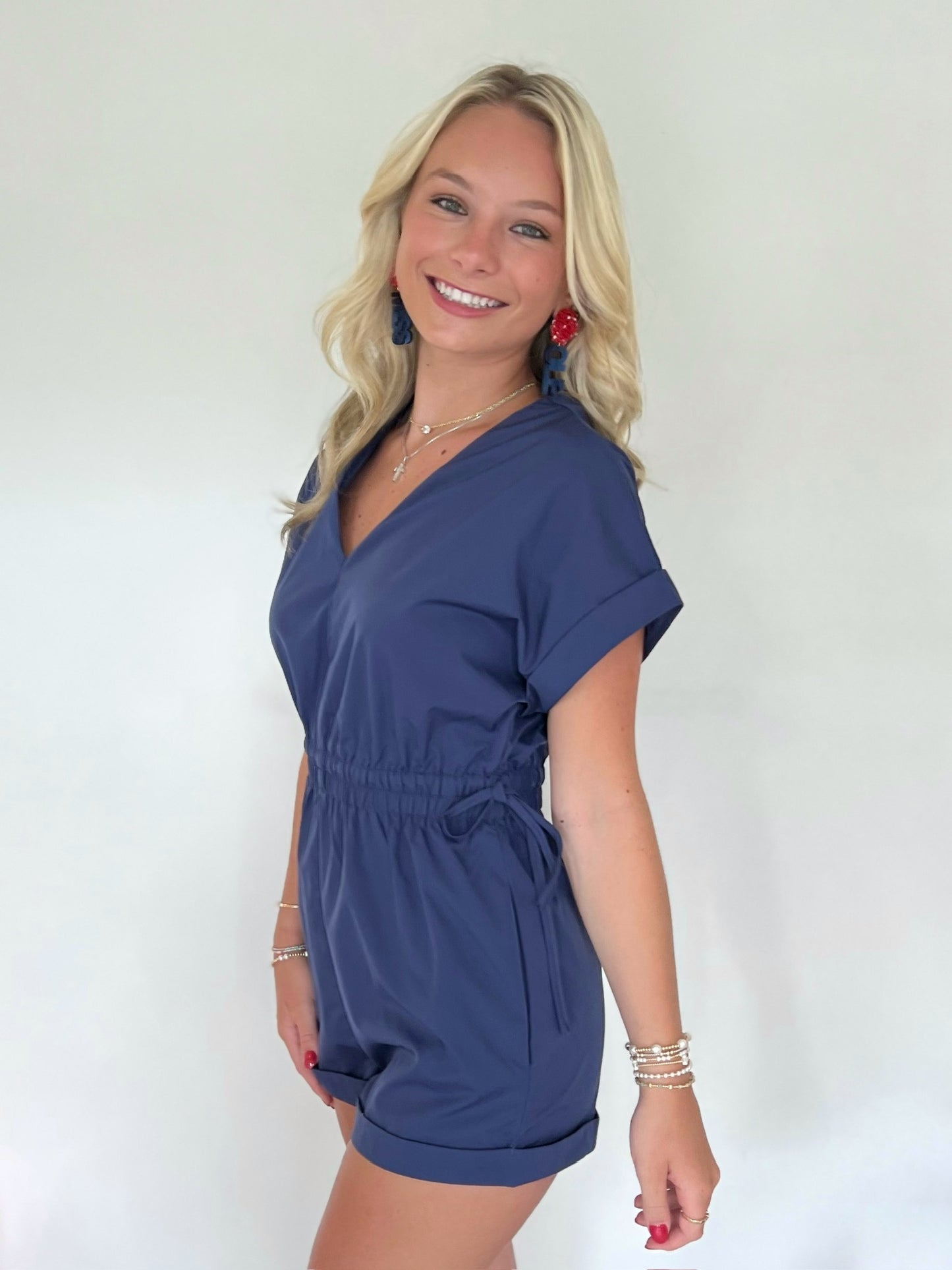 Navy V-Neck Tie Short Romper