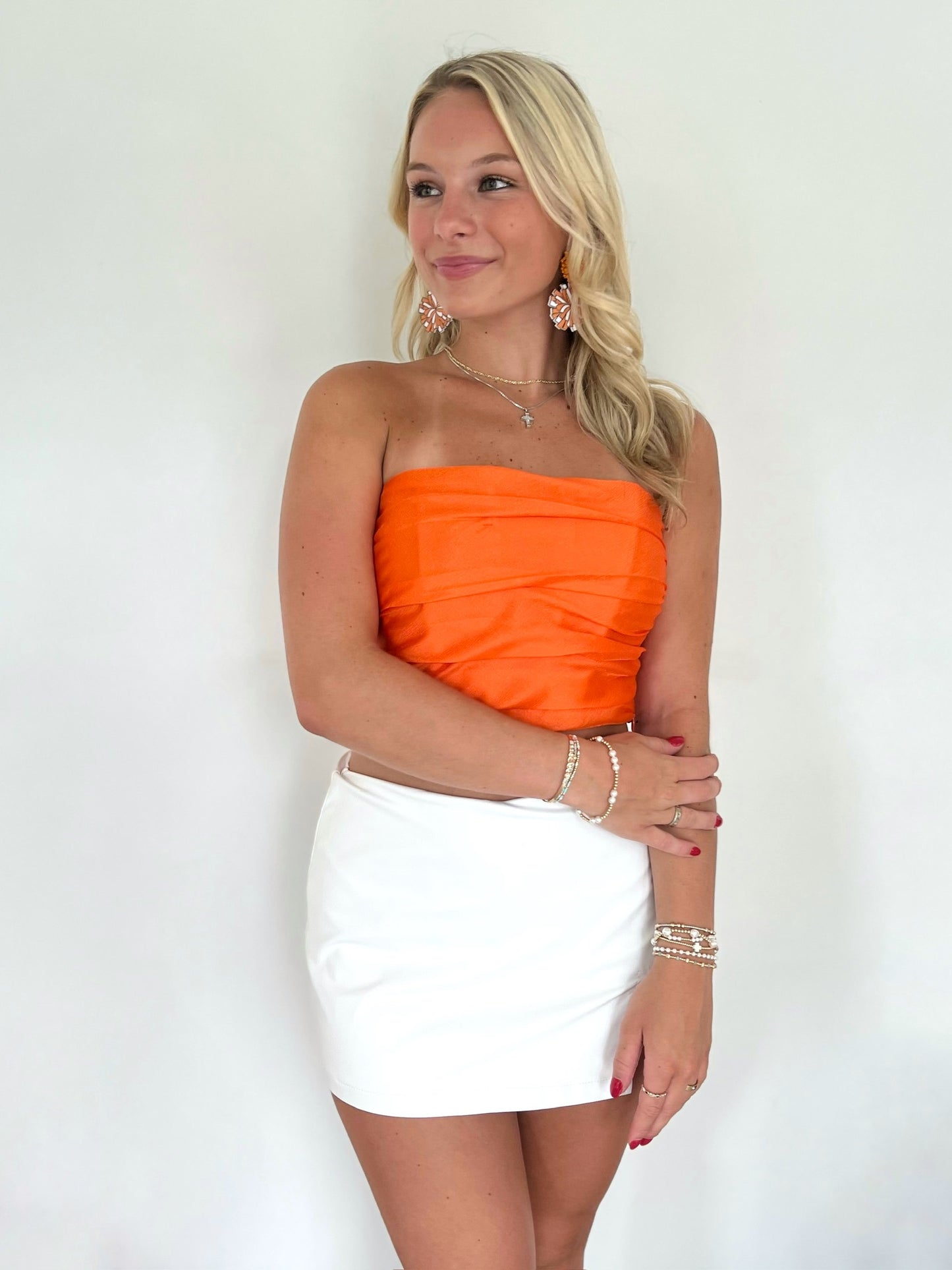 Orange Strapless Pleated Crop Top