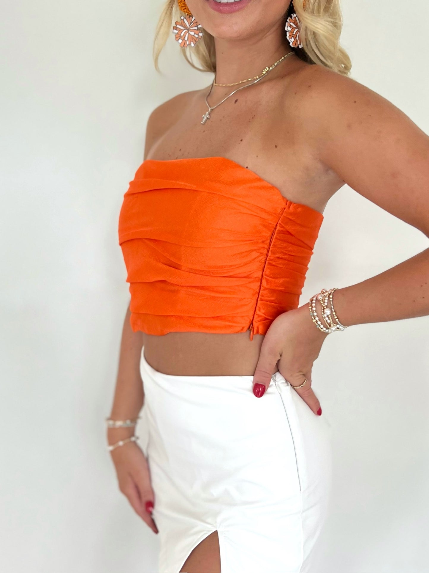 Orange Strapless Pleated Crop Top