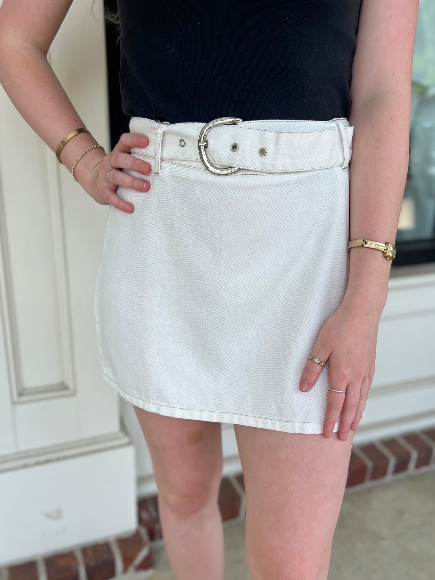 Off White Belted Denim Skirt