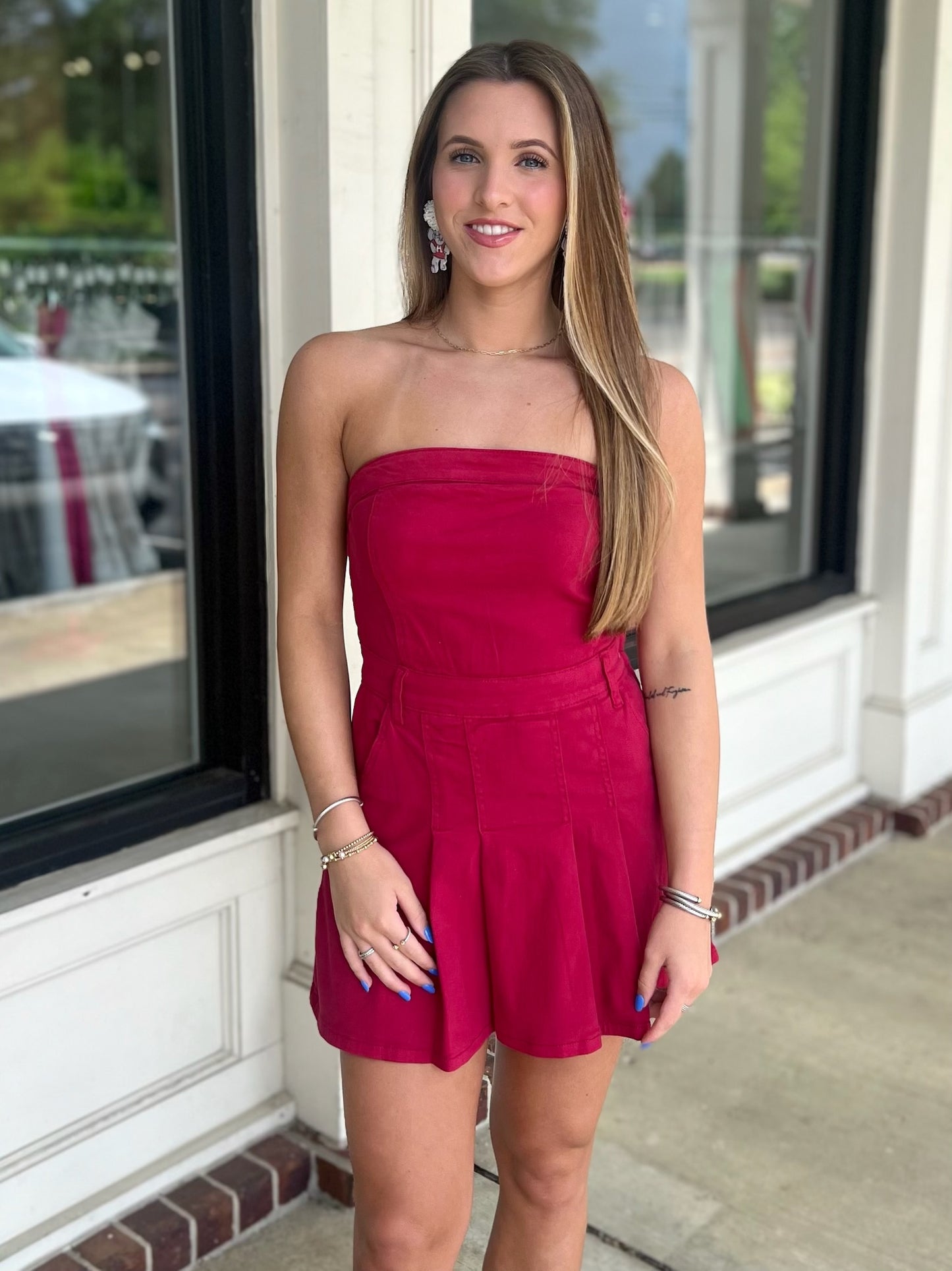 Crimson Strapless Denim Mini