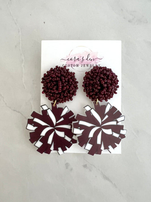 Maroon Cheer Pom Drop Earring