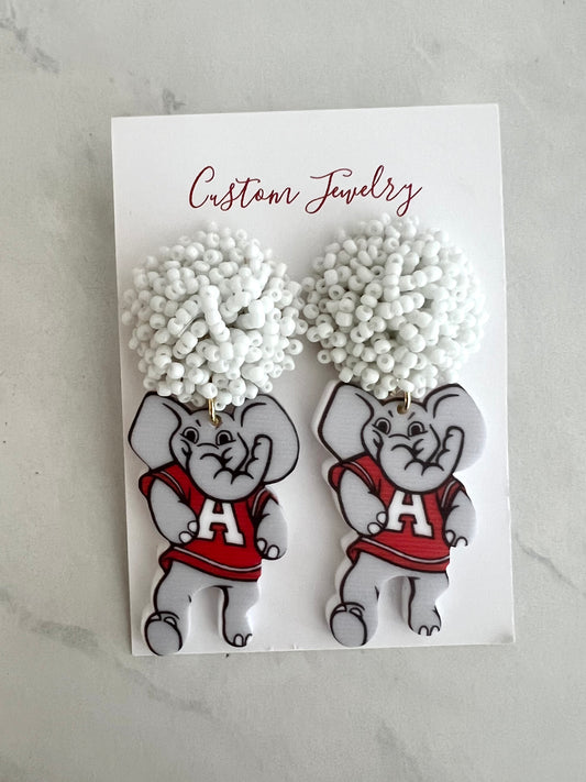 Alabama Elephant White Beaded Earring