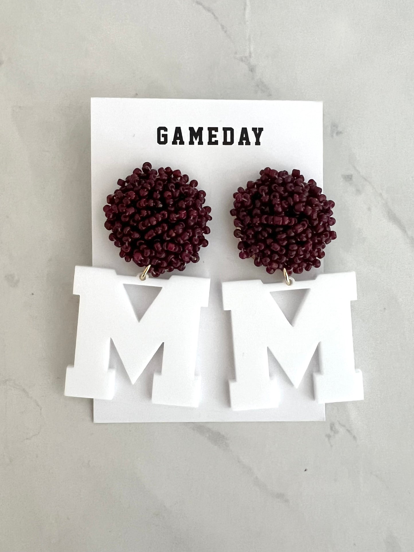 White "M" Maroon Bead Earring