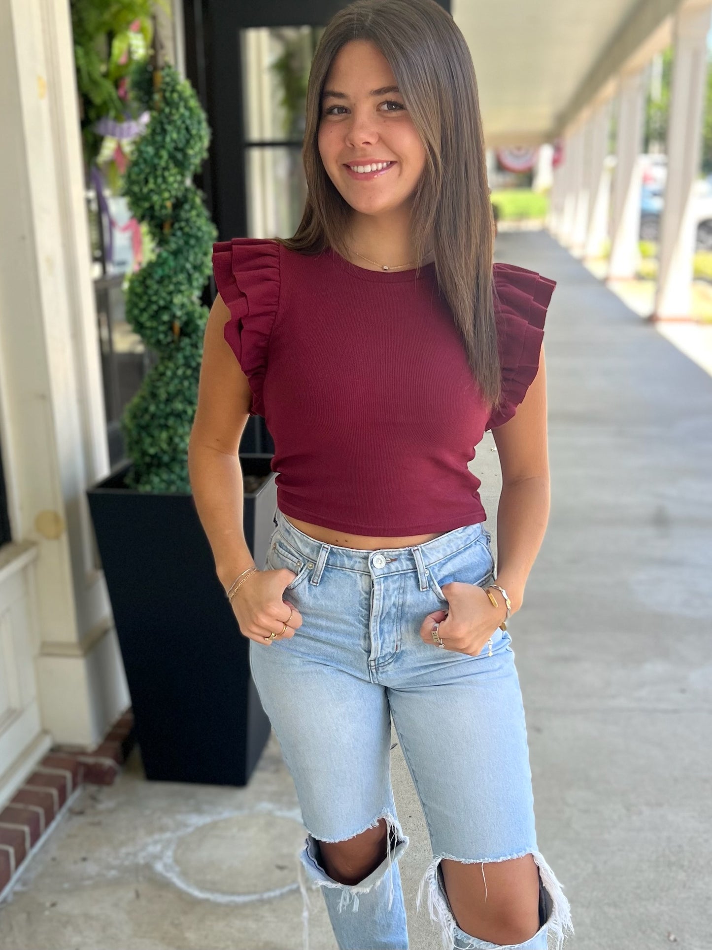 Maroon Ribbed Ruffle Crop Top