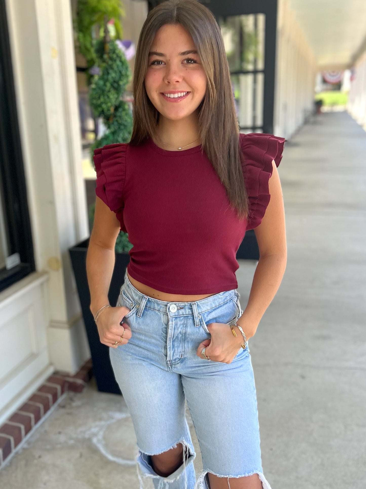 Maroon Ribbed Ruffle Crop Top