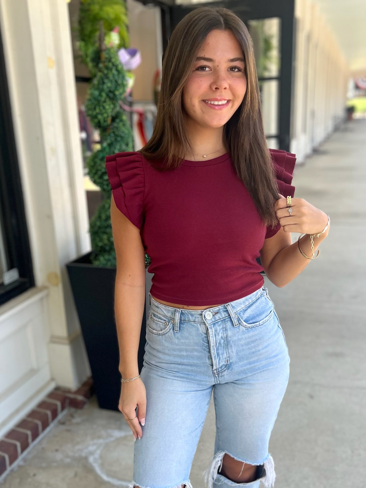 Maroon Ribbed Ruffle Crop Top