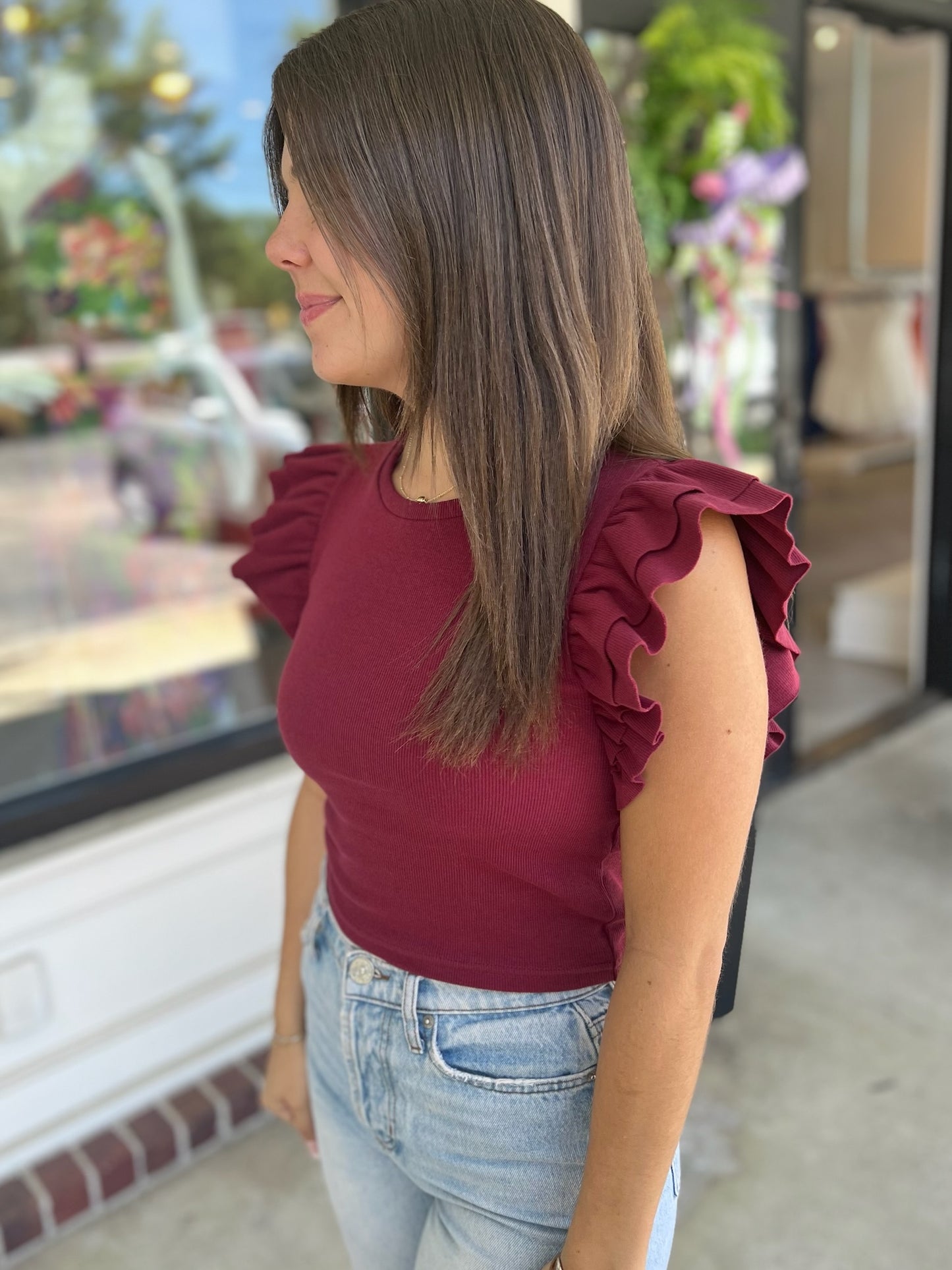 Maroon Ribbed Ruffle Crop Top