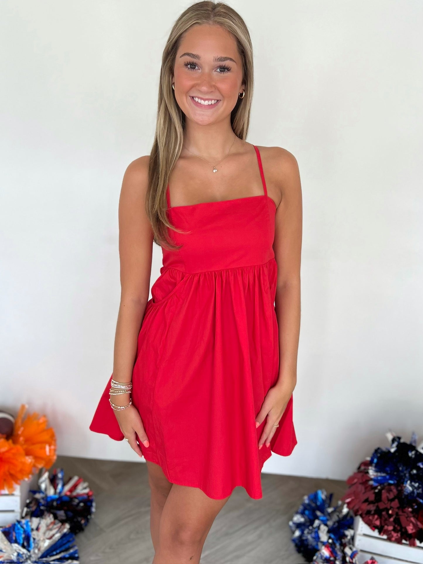 Red Sleeveless Poplin Mini Dress