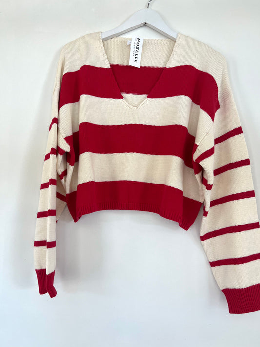 Cream-Red Stripe Sweater Top