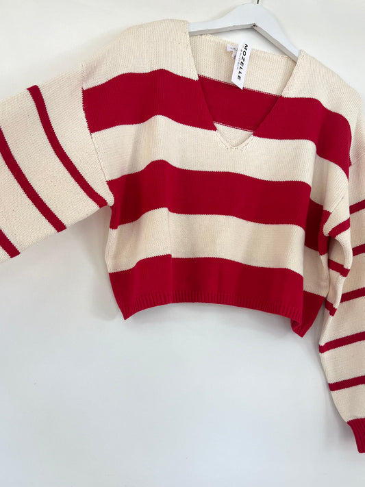 Cream-Red Stripe Sweater Top