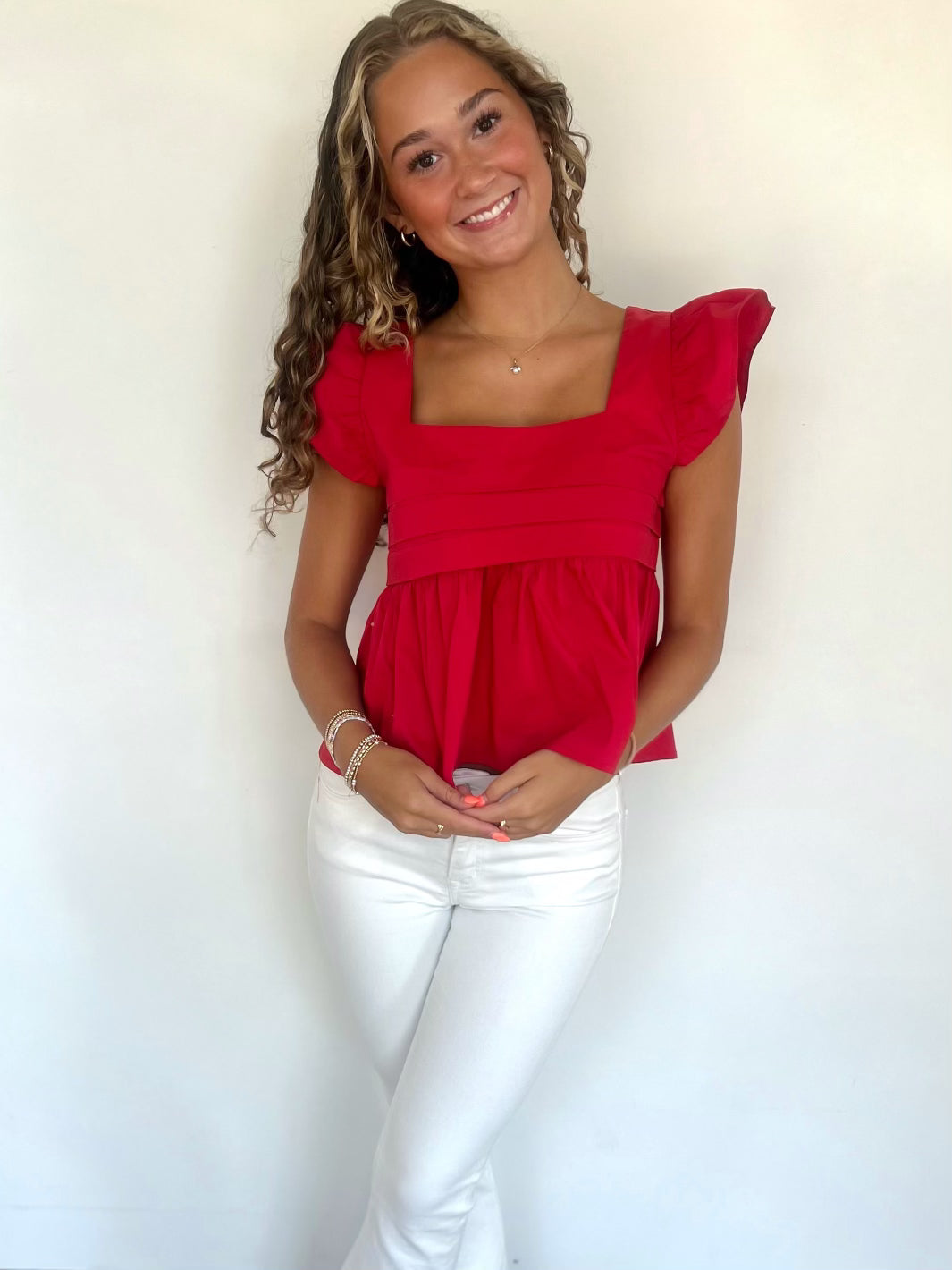 Red Squared Neck Babydoll Top