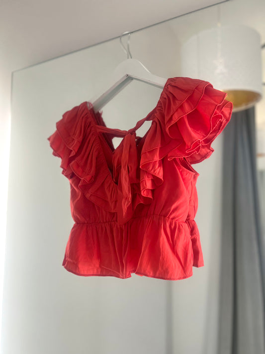 Tomato Red Ruffle Sleeve Top